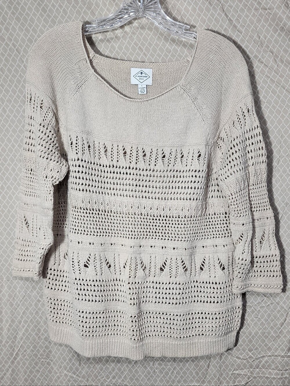 St John's Bay Beige Open-knit 3/4 Sleeve Scoop Neck Sweater Used Great Shape